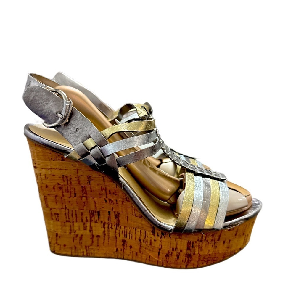 Bakers “Marcella” Gold, Pewter, Silver strappy wedge.